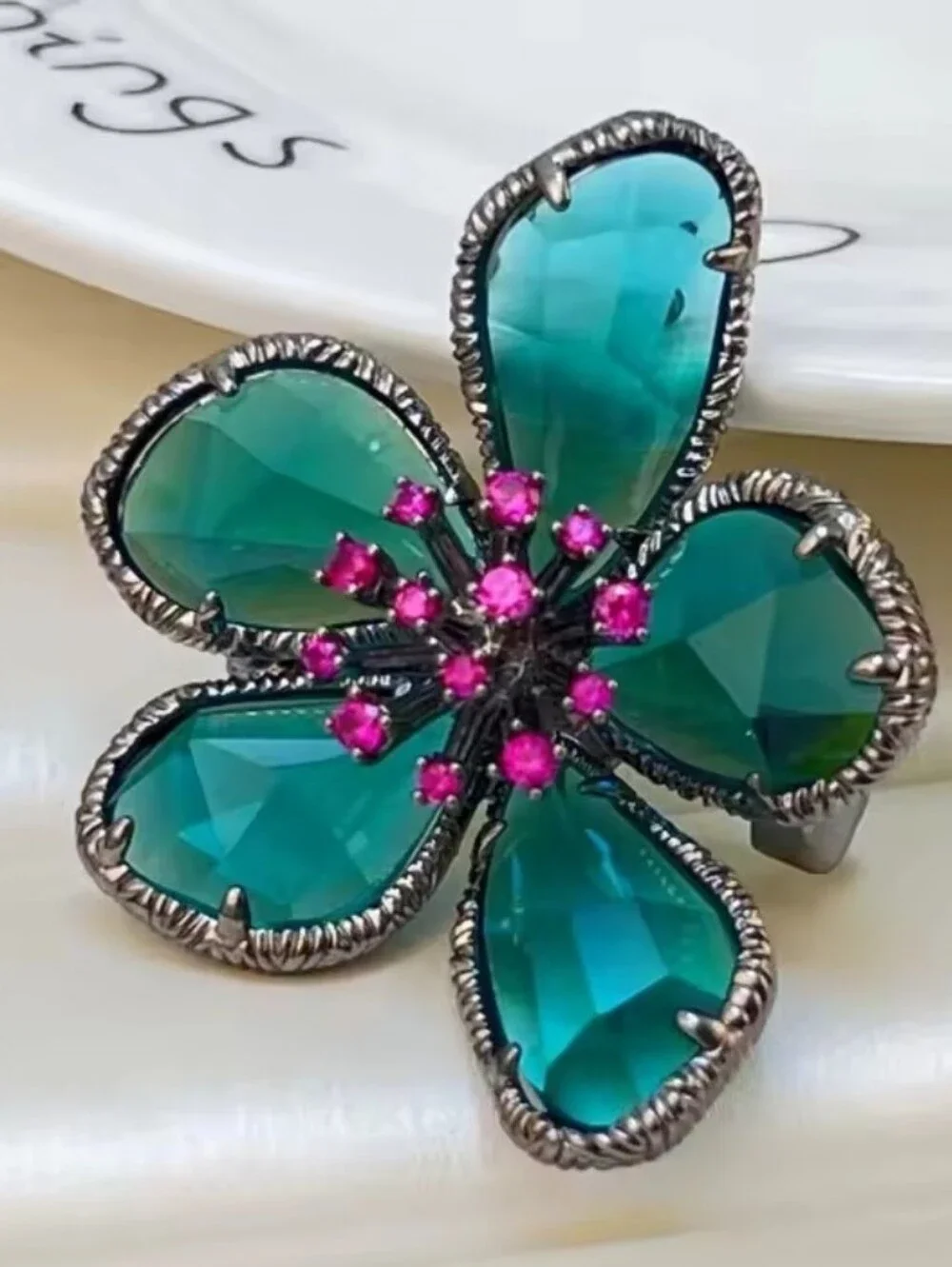 New! Turquoise & Magenta Crystal Flower Brooch  Statement Pin • NWOT